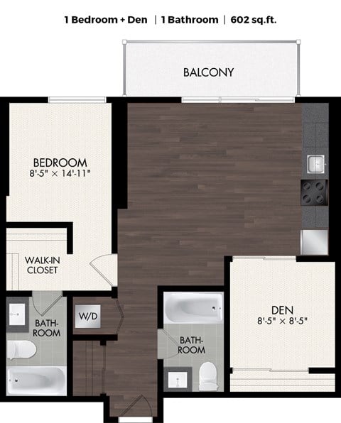 Floor plan for 2 beds, 2 baths, 696 sqft